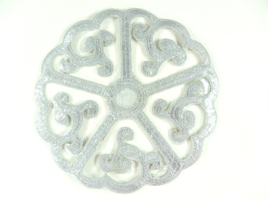 Silver Embroidered Applique Metallic Designer Scroll Motif  6" GB905