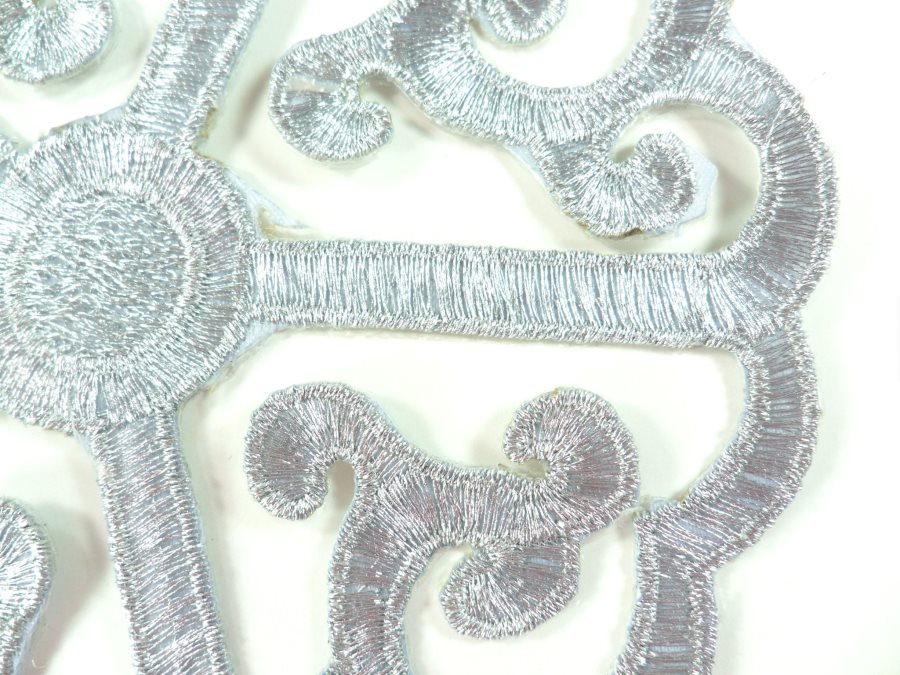 Silver Embroidered Applique Metallic Designer Scroll Motif  6" GB905