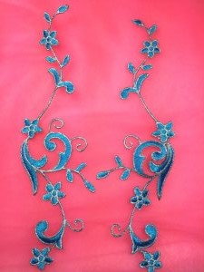 GB90 Embroidered Appliques Turquoise Silver Flower Mirror Pair Vine Iron On 9"
