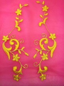 GB90 Embroidered Appliques Yellow Gold Flower Mirror Pair Vine Iron On 9"