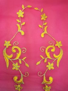 GB90 Embroidered Appliques Yellow Silver Flower Mirror Pair Vine Iron On 9"