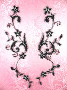 GB90 MIRROR PAIR Black Silver Metallic Flower Vine Iron On Designer Embroidered Applique 9"