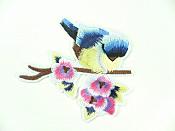 Embroidered Bird Applique Blue on Branch Iron On 3"  GB911