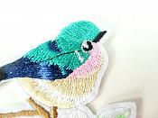 Embroidered Bird Applique Teal on Branch Iron On 3"  GB912
