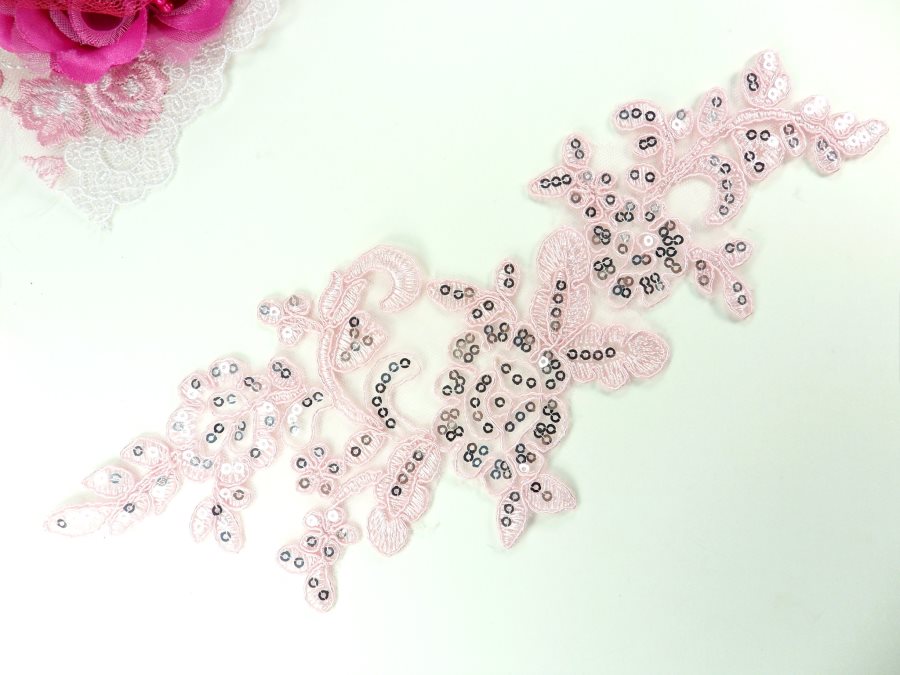Sequined Lace Embroidered Applique Pink Silver Floral Ballet Motif 10.25" GB942