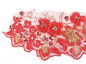 3D Embroidered Applique Red Gold Floral Sequin Beaded Patch 11" GB961
