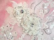 Embroidered 3D Applique White Floral Sequin Patch Rhinestone Accented 14" (DH75)