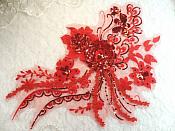 Embroidered 3D Applique Red Floral Sequin Patch Rhinestone Accented 14" (DH75)