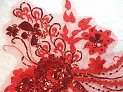 Embroidered 3D Applique Red Floral Sequin Patch Rhinestone Accented 14" (DH75)