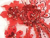 Embroidered 3D Applique Red Floral Sequin Patch Rhinestone Accented 14" (DH75)