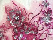 Embroidered 3D Applique Fuchsia Silver Floral Sequin Patch Rhinestone Accented 14" (DH75)
