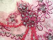 Embroidered 3D Applique Fuchsia Silver Floral Sequin Patch Rhinestone Accented 14" (DH75)