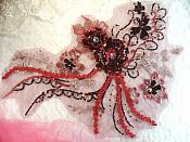 Embroidered 3D Applique Burgundy Wine Floral Sequin Patch Rhinestone Accented 14" (DH75)