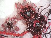 Embroidered 3D Applique Burgundy Wine Floral Sequin Patch Rhinestone Accented 14" (DH75)