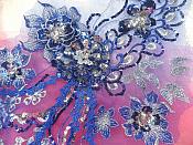Embroidered 3D Applique Blue Silver Floral Sequin Patch Rhinestone Accented 14" (DH75)