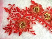 Embroidered 3D Applique Red Gold Floral Sequin Patch 16" (DH74)