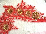 Embroidered 3D Applique Red Gold Floral Sequin Patch 16" (DH74)