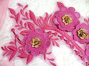 Embroidered 3D Applique Fuchsia Gold Floral Sequin Patch 16" (DH74)