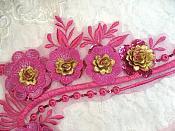 Embroidered 3D Applique Fuchsia Gold Floral Sequin Patch 16" (DH74)