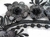 Embroidered 3D Applique Black Silver Floral Sequin Patch 16" (DH74)
