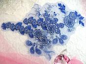 Embroidered 3D Applique Blue Silver  Floral Sequin Patch Rhinestone Accented 16" (DH73)