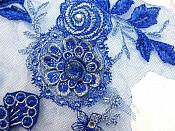 Embroidered 3D Applique Blue Silver  Floral Sequin Patch Rhinestone Accented 16" (DH73)