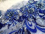 Embroidered 3D Applique Blue Silver  Floral Sequin Patch Rhinestone Accented 20" (DH71)