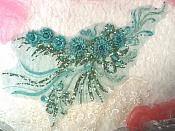 Embroidered 3D Applique Teal Green Floral Sequin Patch Rhinestone Accented 20" (DH71)