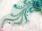 Embroidered 3D Applique Teal Green Floral Sequin Patch Rhinestone Accented 20" (DH71)