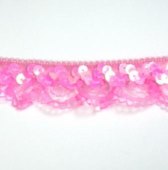 E6186  Pink Lace Scallop Sequin Stretch Trim 1"