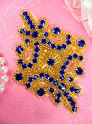 JB115 Glass Rhinestone Applique Blue Gold Beaded Motif 4"