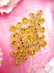 JB115  Applique Gold Rhinestones Gold Beaded  4"