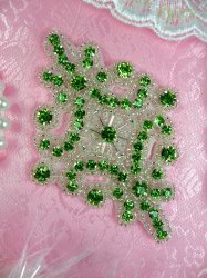 JB115 Rhinestone Applique Lime Green Silver Beaded Motif 4"