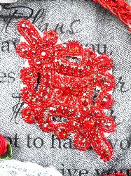 JB115  Applique Red Rhinestones Red Beaded 4"