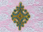 JB115 Glass Rhinestone Applique Turquoise Gold Beaded Motif 4"