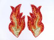 Flame Appliques HOLOGRAPHIC Sequin Beaded Red Orange Gold MIRROR PAIR 6"  JB117X