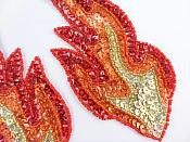 Flame Appliques HOLOGRAPHIC Sequin Beaded Red Orange Gold MIRROR PAIR 6"  JB117X