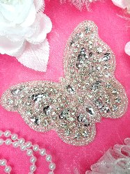JB119 Butterfly Applique Crystal Rhinestone Silver Beaded Silver Sequin 4.25"
