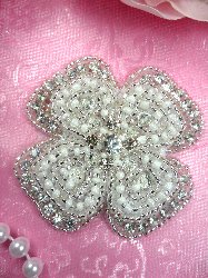 JB127 Rhinestone Applique Silver White Beaded 2.5"