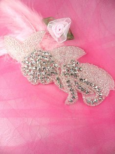 JB14 Silver Beaded Floral Crystal Rhinestone Applique 5.25"