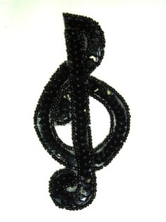JB142 Music Note Applique Black G Clef Sequin Beaded 3.75"