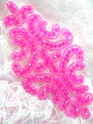 JB159 Hot Pink Beaded Applique Victorian Motif Patch 6"