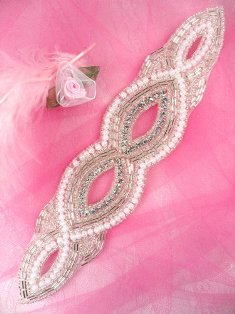 JB16 Silver Beaded Pearl Crystal Rhinestone Applique  8.75"