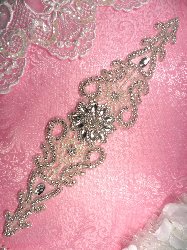 JB161 Flower Centered Silver Beaded Pearl Crystal Rhinestone Bridal Sash Applique 14.5"