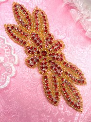 JB166 Crystal Red Rhinestone Flower Applique Gold Beaded 6"
