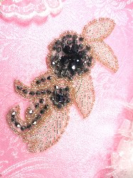 JB17 Triple Metallic Navy Gunmetal Silver Beaded Floral Applique 5.25"