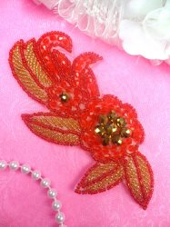 JB17 Triple Metallic Red Bronze Gold Beaded Floral Applique 5.25"