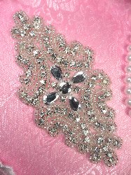 JB171 Designer Crystal Glass Rhinestone Silver Beaded Applique 5"