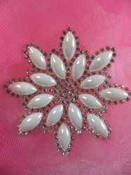 JB188 Crystal Rhinestone Pearl Snowflake Beadless Applique 2.75"