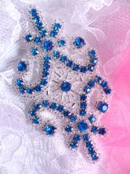 JB201 Applique Turquoise Rhinestones Silver Beaded Victorian Motif Patch 4"